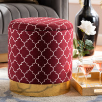 Baxton Studio JY19A257-Red/Gold-Otto Serra Glam and Luxe Red Quatrefoil Velvet Fabric Upholstered Gold Finished Metal Storage Ottoman